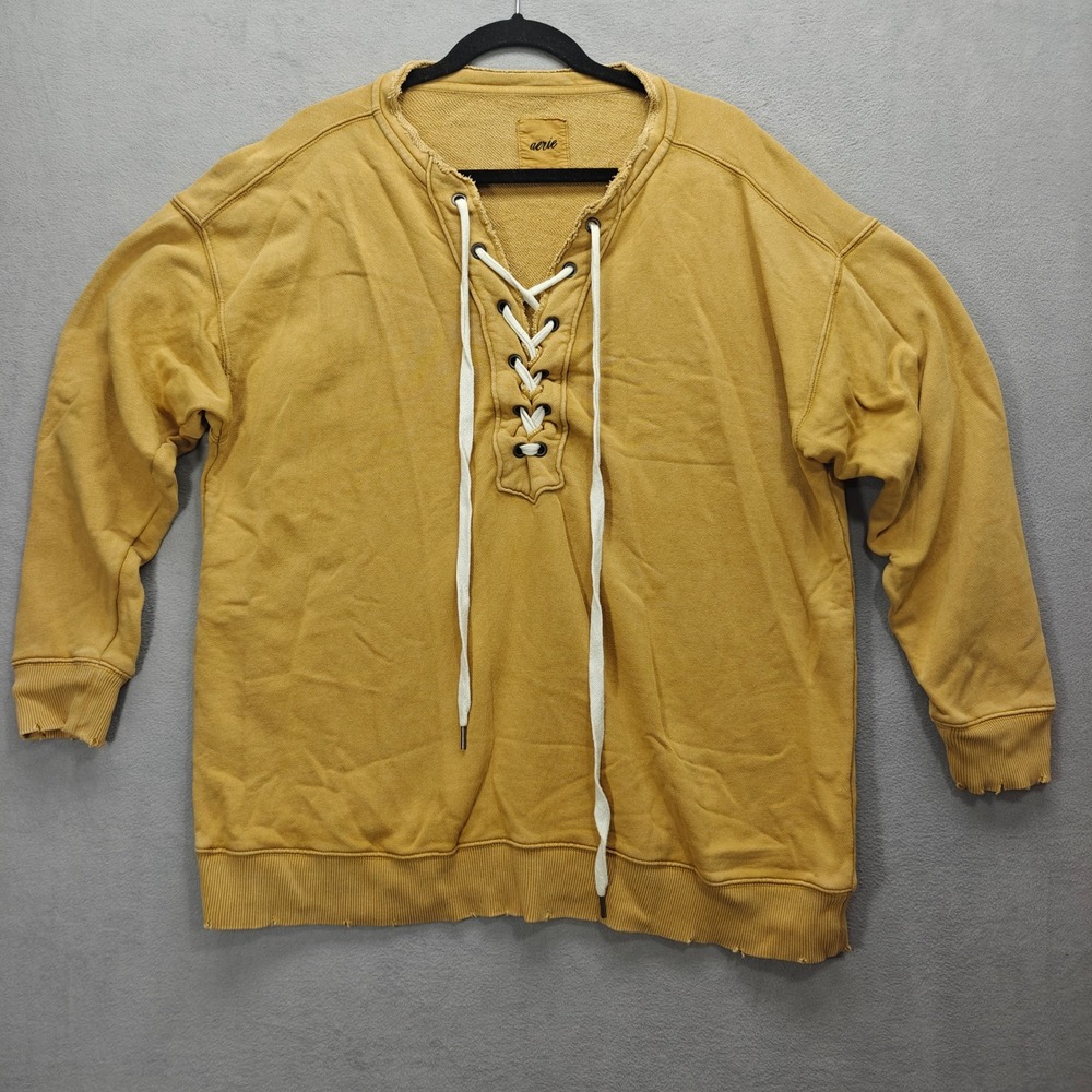 Aerie Lace Up Sweatshirt Womens Small Distressed Oversized Casual V-Neck Lounge